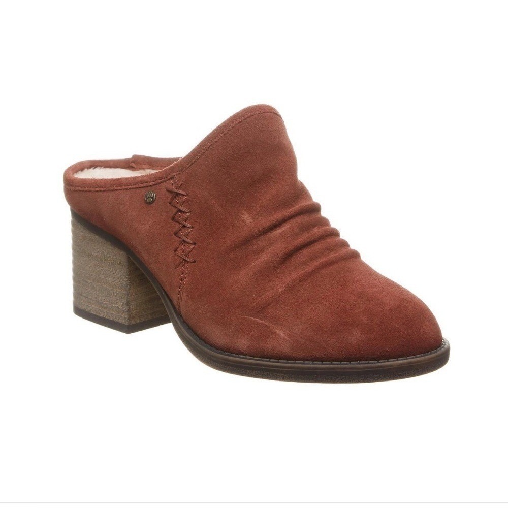 Bearpaw Quartz 9 Rust Suede Boho Mule Block Heel Ruched Whipstitch Cozy Fall